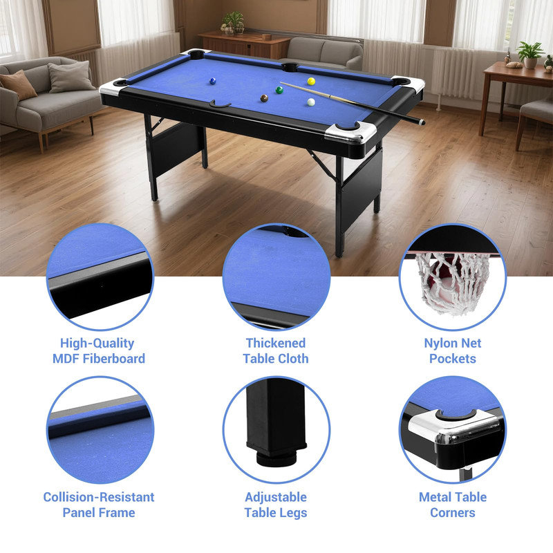 Table de billard pliante 6 pi, jeu de billard compact avec boules, queues de billard et accessoires pour salle de jeux