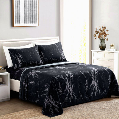Luxury Silky Black Marble Sheet Set - Queen Size | Deep Pocket, Ultra Soft, All Season Bedding with 4 Pillowcases | Rich Printed 6 Pieces