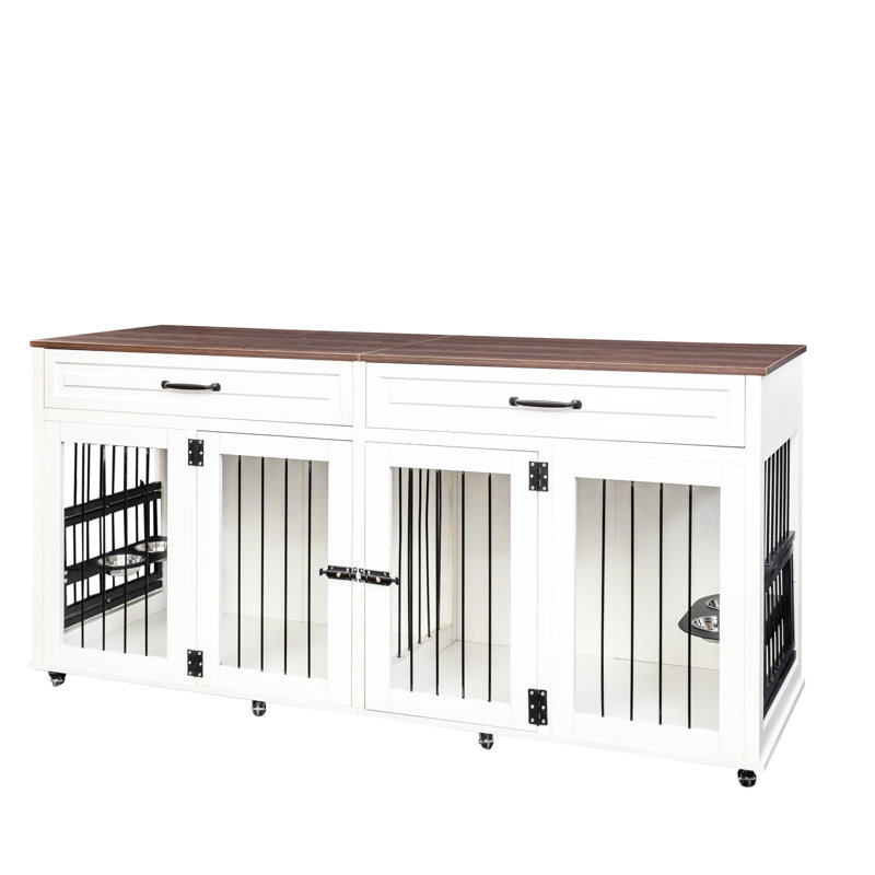 Grande cage à chien robuste - Maison en bois avec porte double et tiroirs en mobilier blanc et noyer