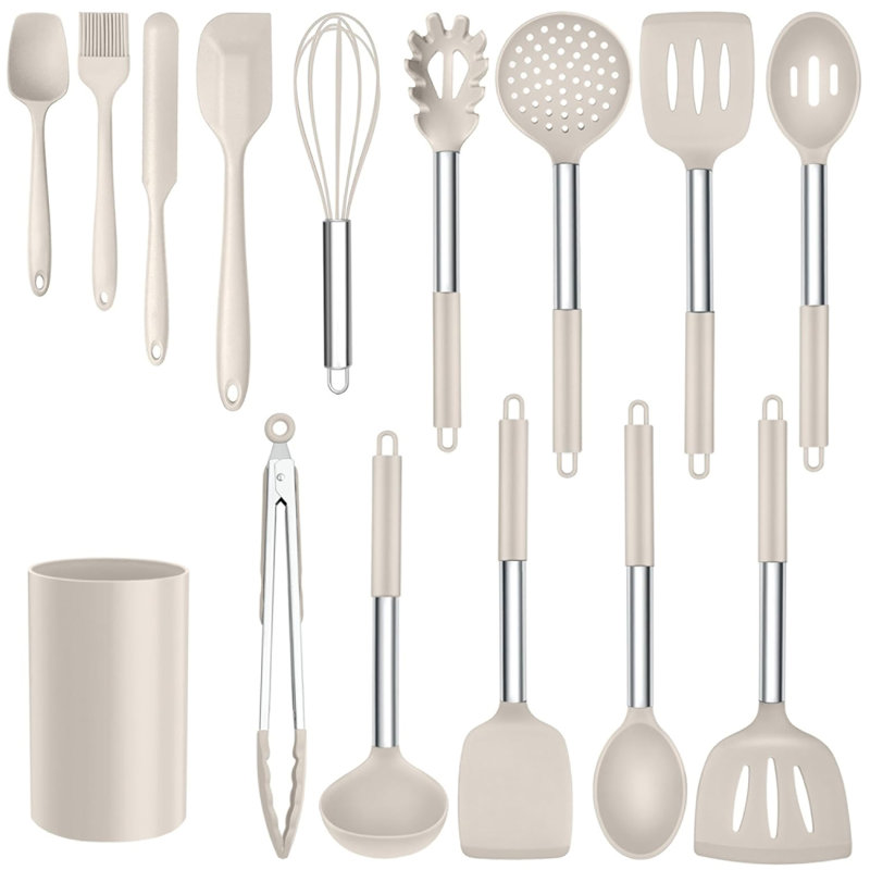Ensemble de 15 ustensiles de cuisine en silicone, ensemble d'ustensiles de cuisine en acier inoxydable, résistant à la chaleur antiadhésif, kaki