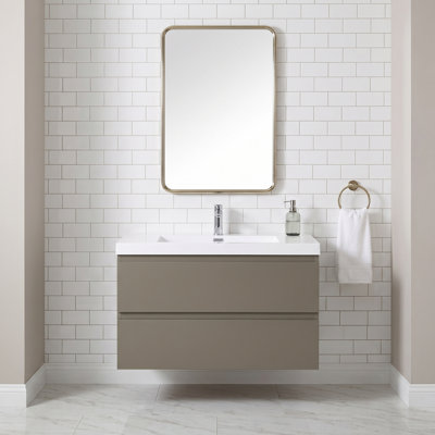 Meuble-lavabo mural 24 po en mélamine 24 po en bois naturel avec lavabo en résine intégré et tiroirs à fermeture en douceur, entièrement assemblé
