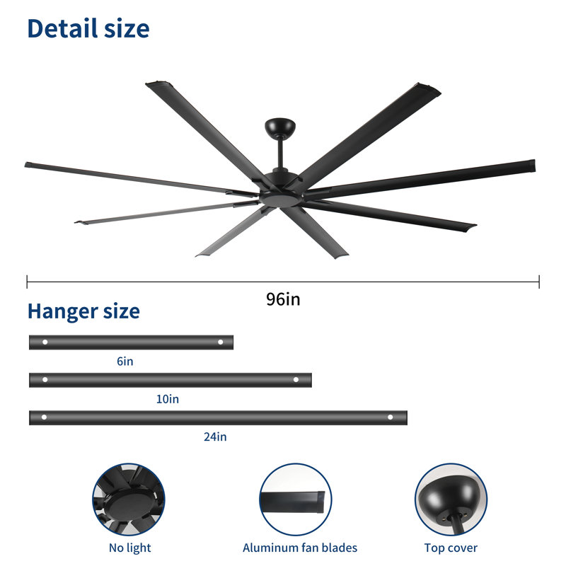 96 Inch Industrial Dc Motor Ceiling Fan, Large Ceiling Fan With 8 Reversible Blades, 5-Speed Remote Control, Home Or Commercial Ceiling Fans For Porch/Garage/Shop