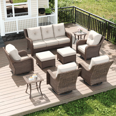 9 Piece Wicker Outdoor Furniture Set with 6-inch Comfy Cushions, High Back Patio Furniture Set with Swivel Rocking Chairs and Side Table