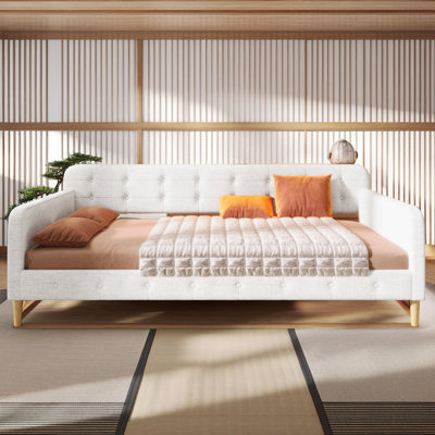 Queen Size Upholstered Daybed with Armrests and Wood Frame, Linen Fabric Sofa Bed by Lark Manor