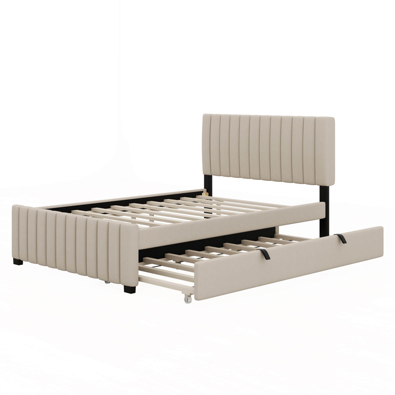 Lit plateforme tapissier en velours Foxworth avec tête et pied de lit rayés, lit gigogne, Beige