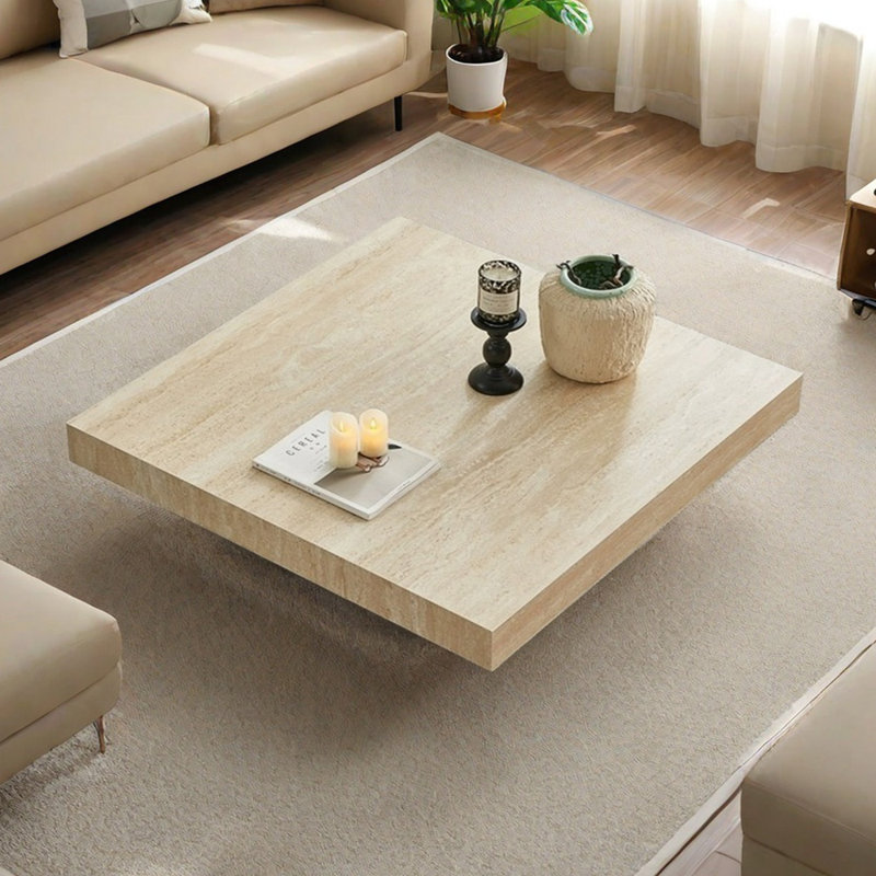 Floating Square Coffee Table Imitation Travertine, 11.81" H x 39.37" W x 39.37" D