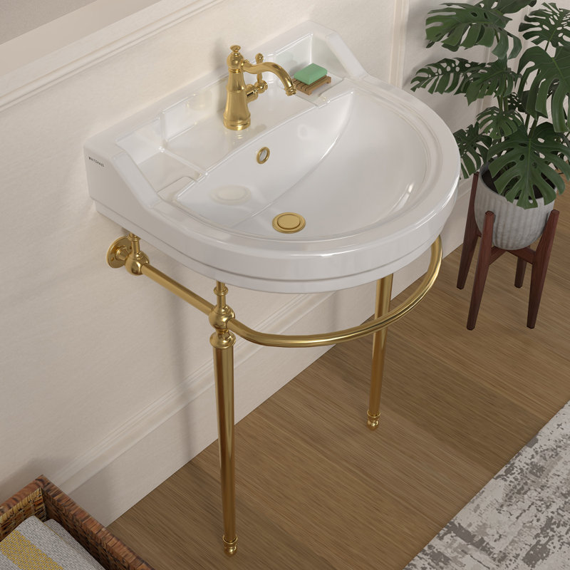 Lavabo console Whitehaus de 22 po avec cuve semi-circulaire, repose-pieds en laiton massif, dosseret, trop-plein et barre à serviettes avant