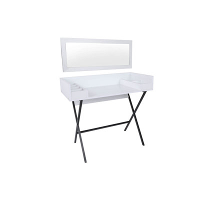 Modern Make-Up Table with Mirror, White & Black, 39.4 x 19.7 x 15.4 inches | 100% Melamine Coated Particle Board, Metal Legs | Numerous Shelves, Wall-Mountable | Stylish & Functional Design for Beauty Lovers