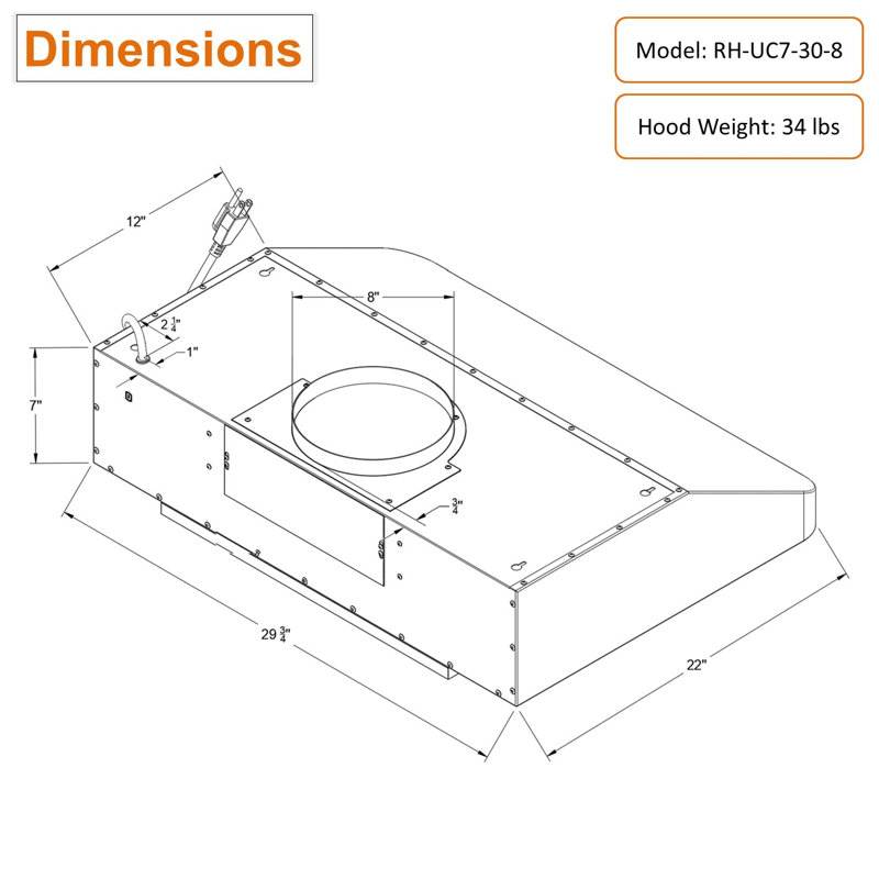 Hotte sous un meuble à conduit 30 pouces avec filtre à chicane et lumière incluse Awoco RH-UC7-30