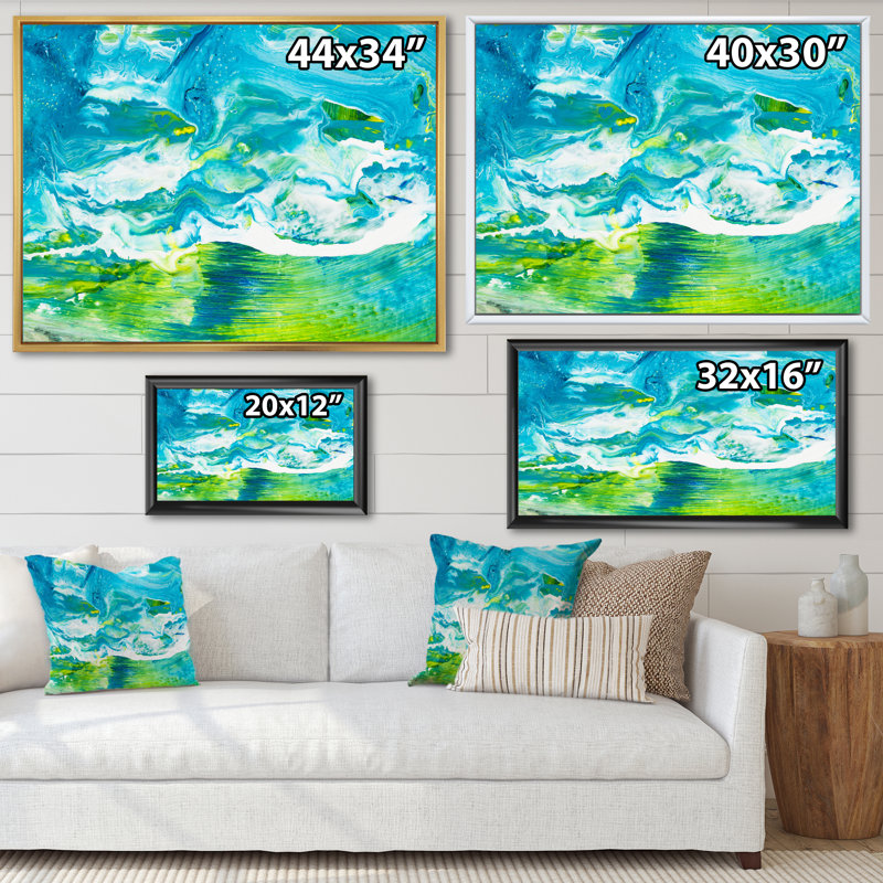 Encre bleue et verte abstraite - peinture sur toile, H 34 po x l 44 po, Cadre flottant doré