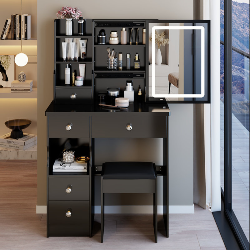 Petit meuble-lavabo de 29,2 po avec tabouret de bureau et tabouret rembourré à gauche 29,5 po, grande commande tactile, interrupteur tricolore, miroir à luminosité réglable, rangement à grande capacité, convient aux petits espaces