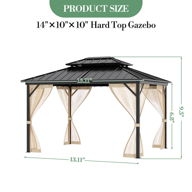 Pavillon de jardin à toit rigide 10 pi x 14 pi avec double toit en acier, rideaux et filet - Idéal pour le patio, la cour arrière ou la terrasse