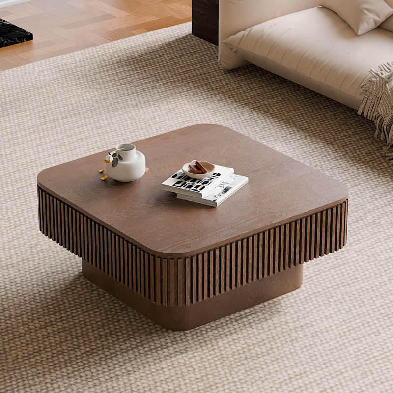31.5" Square Solid Wood Coffee Table with Hidden Storage Sopace, Walnut