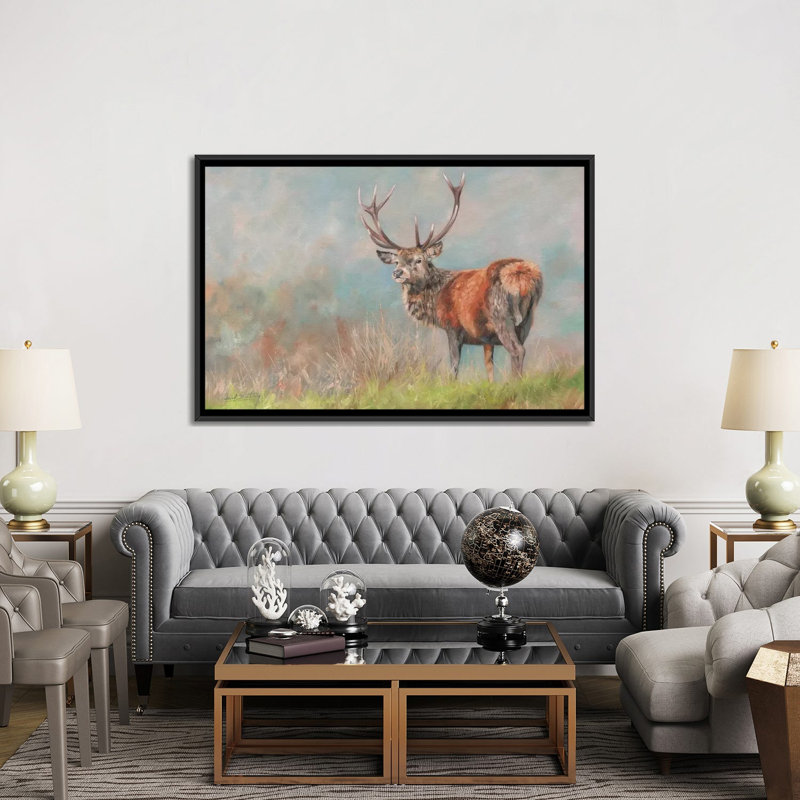 « red cerf ii », reproduction d’impression sur toile, H 18 po x l 26 po x P 1,5 po, Toile avec cadre noir, Pas de tapis