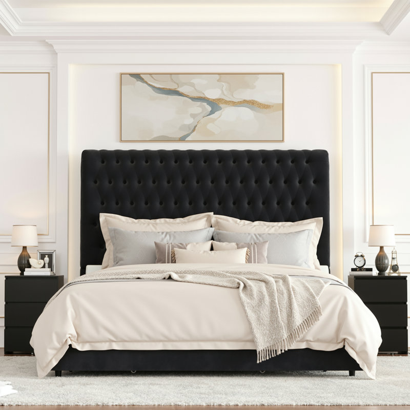 Ensemble de chambre à coucher 3 pièces, grand lit capitonné en velours, Très grand, Noir