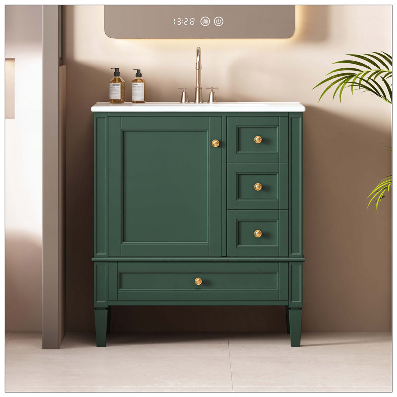 Rangement en bois massif 3 tiroirs pour salle de bain Modern, Vert