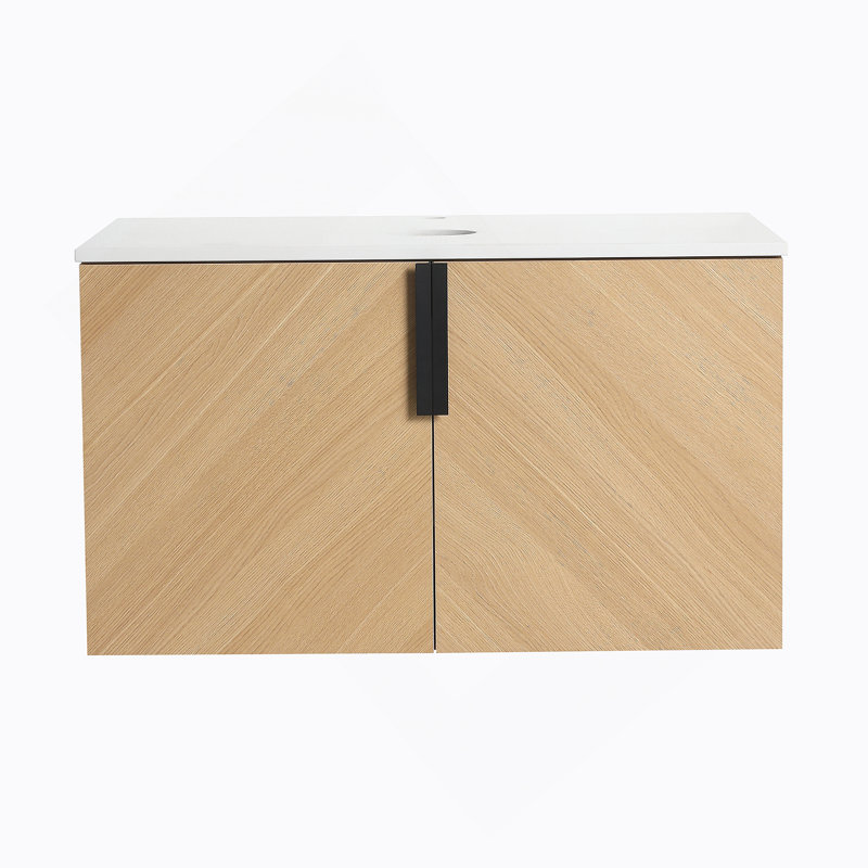 Meuble-lavabo mural avec dalle de pierre artificielle, portes à fermeture douce et matériau durable pour un rangement facile et une conception élégante