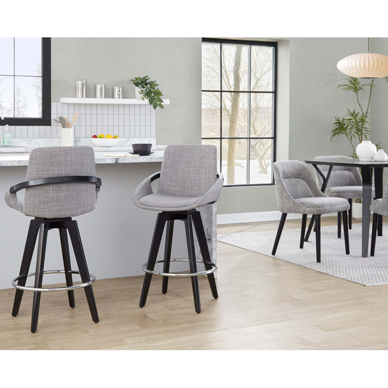 Tabouret de comptoir à hauteur fixe avec pivot en bois noir et tissu gris avec repose-pieds arrondi en métal chromé - ensemble de 2