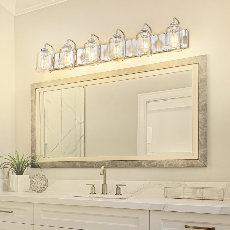 Éclairage de meuble-lavabo à intensité variable avec abat-jour en verre transparent, finition nickel brossé, 6