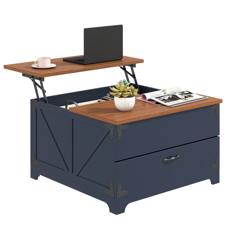 Farmhouse Square Lift Top Coffee Table With Hidden Storage And Drawer, 4-In-1 Multi-Functional Center Table For Living Room