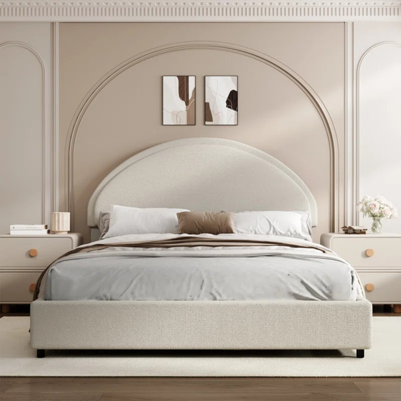 Ensemble de chambre à coucher 3 pièces, avec cadre de lit plateforme tapissier Boucle et base de bois ouverte, White, Grand