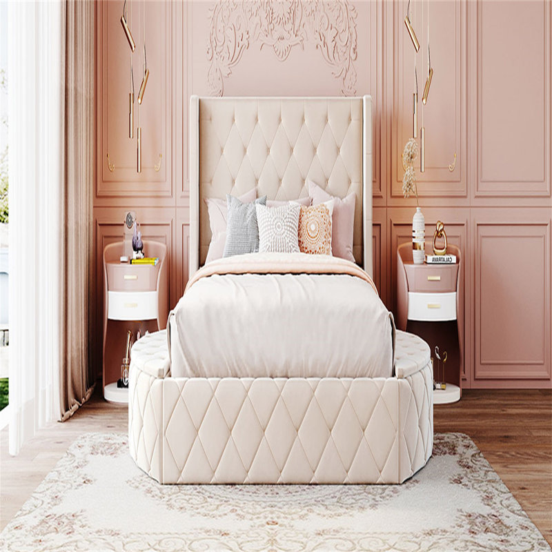 Lit plateforme capitonné avec rangement, Beige