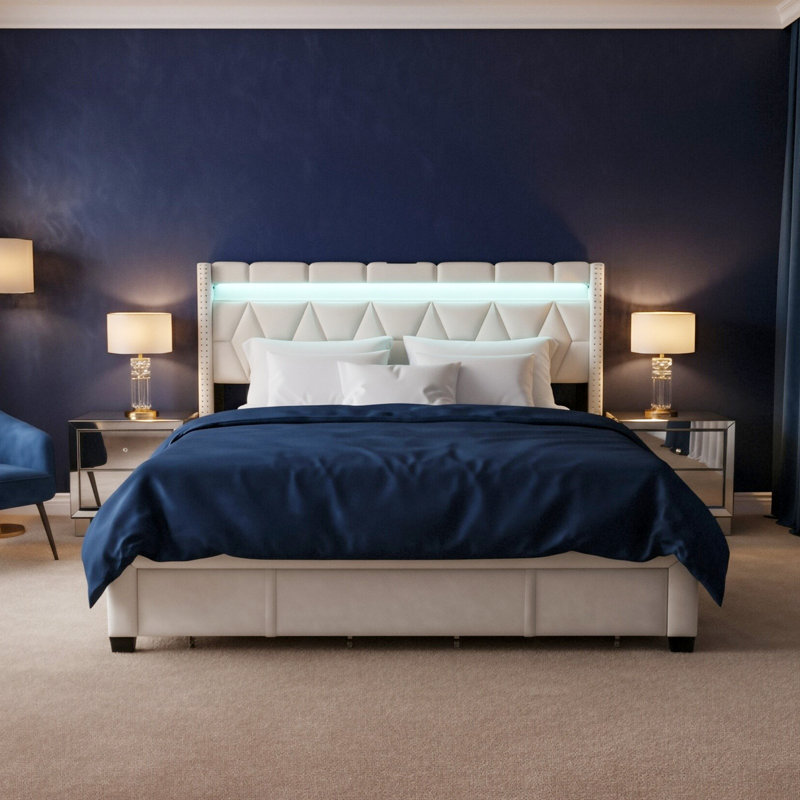 Upholstered Storage Bed, Beige, European Kingsize (160 x 200 cm)