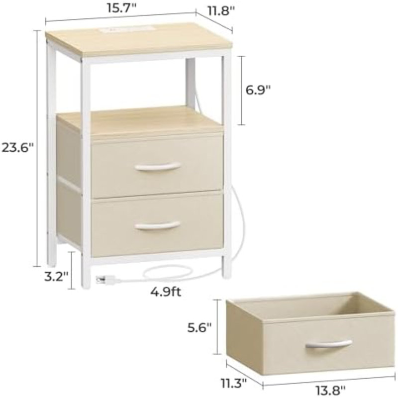Nightstand With Charging Station, Side Table With Fabric Drawers, End Table With Open Shelf, Bedside Table With USB Ports And Outlets, Night Stand For Bedroom, White Marple
