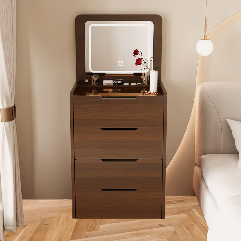 3 In 1 Walnut Vanity With Mirror And Efficient Storage System Desk Flip Top Organized Drawer