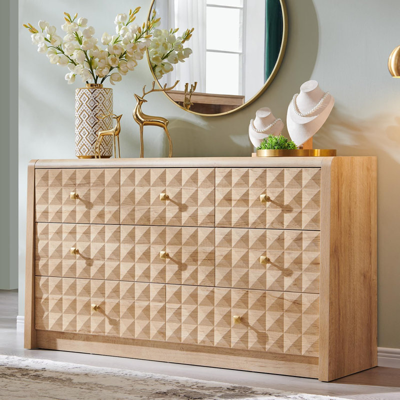     Commode moderne à 8 tiroirs pour chambre à coucher, commodes en bois texturé à losanges de 56 po de largeur et commode à profil courbé, commode moderne Mid-Century