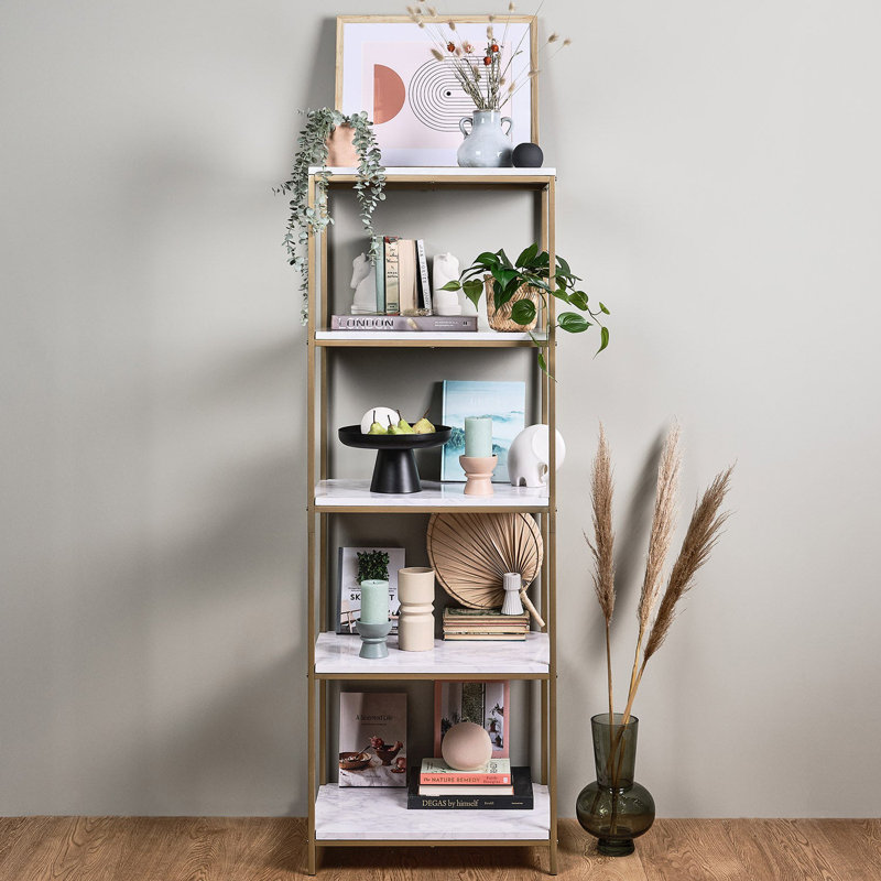 Kalyssa 171cm H x 60cm W Steel Etagere Bookcase, Gold/White