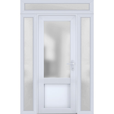 Front Exterior Prehung uPVC Metal-Plastic Door Frosted Glass Manux 8422 White Silk 2 Side and Top Exterior Window Office Commercial and Residential Doors Entrance Patio Garage-W14+36+14 x H80+14-Left-hand Inswing