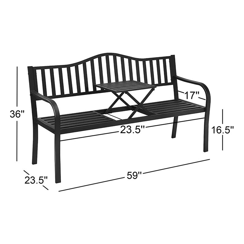 Patio Metal Garden Bench Heavy-duty Park Chair Seat with Adjustable Center Table