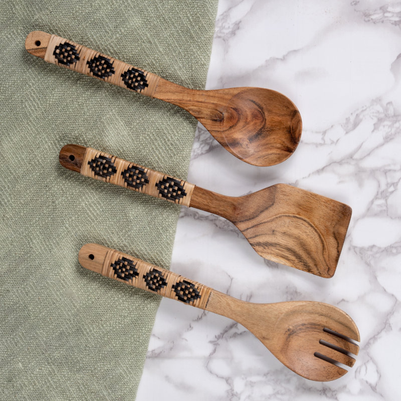Ensemble d'ustensiles en bois d'acacia faits à la main – manches en bambou, outils de cuisine bohèmes