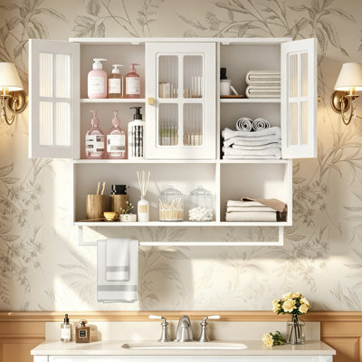Armoire de salle de bain murale, unité de rangement en bois à 3 portes avec tablettes ouvertes et cachées pour l'espace organisé