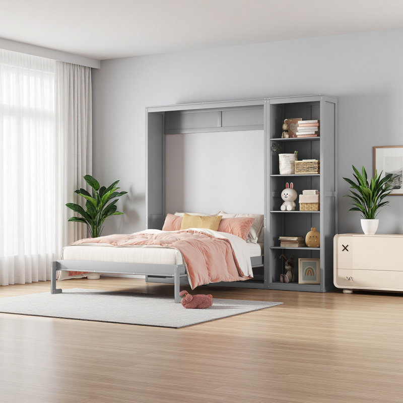 Lit escamotable double pleine grandeur avec tablettes, Gris