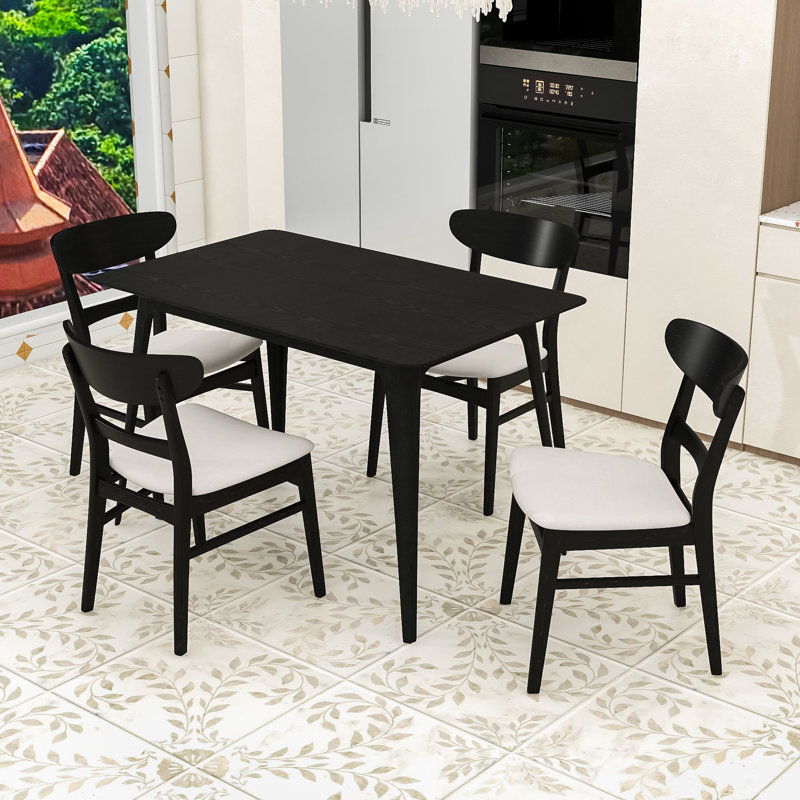 Ensemble de table de salle à manger Mid-Century 5 pièces avec 4 chaises rembourrées, Black, Black/Light Beige