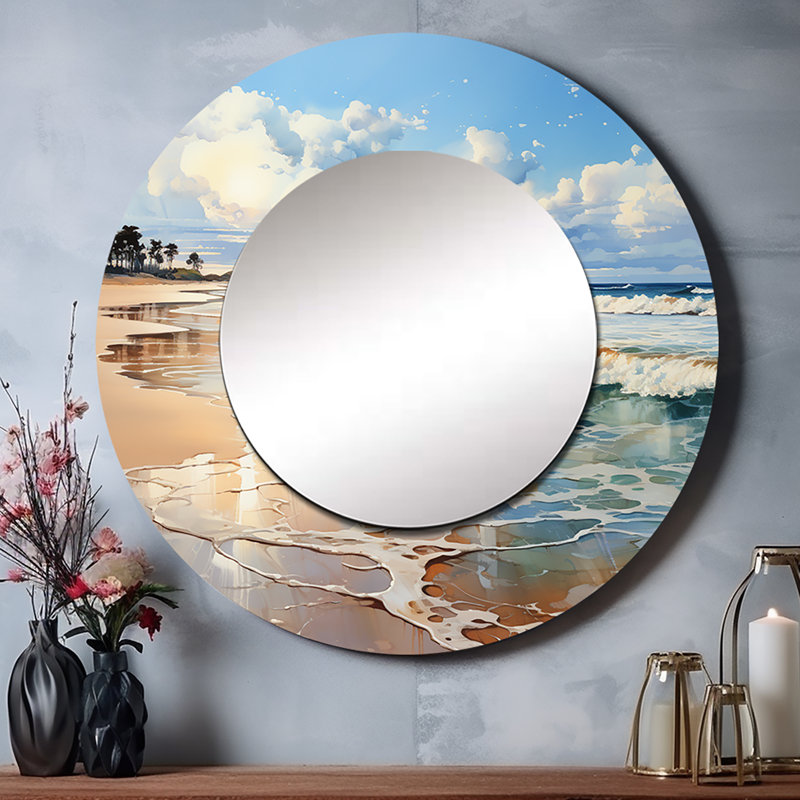 Beach Photo Seaside Reflections V - miroir de plage, miroir mural rond bleu sarcelle, impression d'art en métal