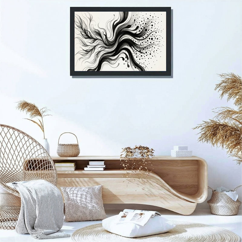Ensemble de 1 tableau sur toile tendue, motif abstrait d'éclaboussures d'encre noir et blanc, H 12 po x l 18 po
