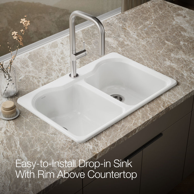 Hartland 33" L x 22" W x 9-5/8" Double Basin Drop-In Kitchen Sink, 1 Hole, White