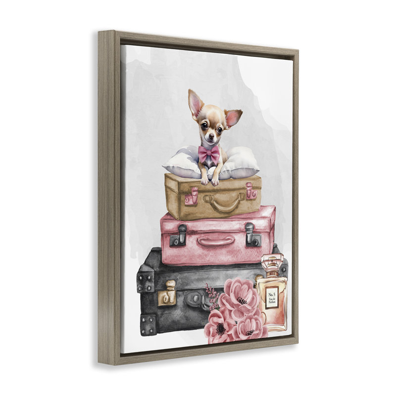 Cadre flottant Trendy Pup Travel, design par Kim Allen, Montalcino orme flottant encadré, H 21 po x l 17 po