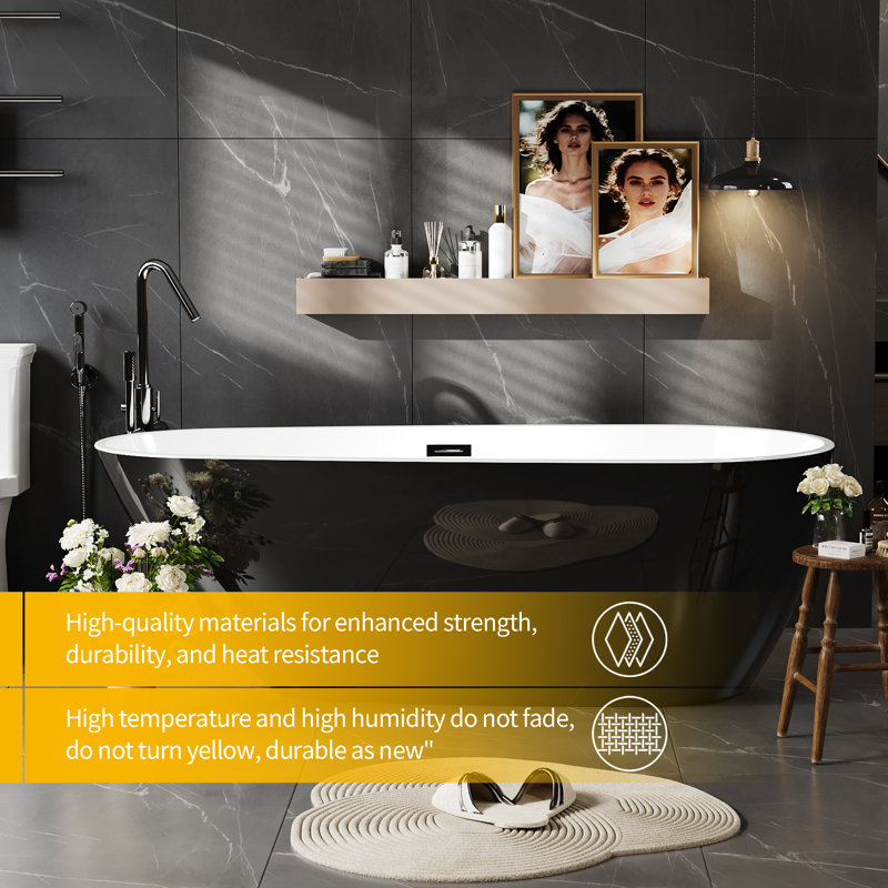 67 Inch Freestanding Acrylic Bathtub Deep Soaking Modern Upright Tub Double Wall Drain Overflow CUPC Certified, Black