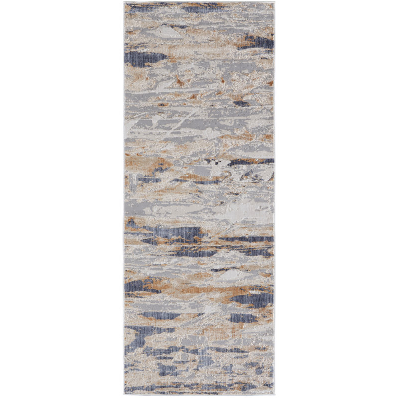 Tapis ivoire / bleu / gris Ossu Corben, Tapis de couloir : 3 pi x 10 pi