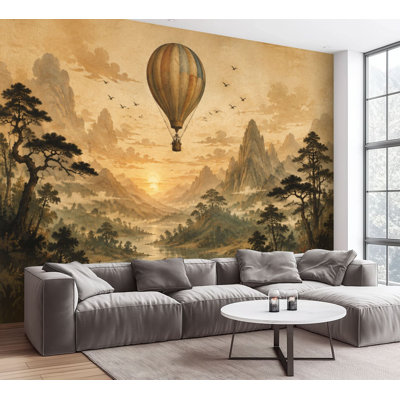 Wall Mural Peel and Stick Wallpaper Vintage Hot Air Balloon Serene Mountain Landscape Sunset Self-Adhesive Removable Contact Paper Wall Decor for Living Room Bedroom 100"H x 144"W