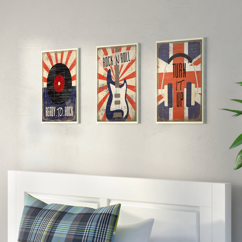 «Rock and Roll Music» par Amelie, ensemble de 3 impressions, H 15 po x l 10 po x P 0,5 po, Plaque murale