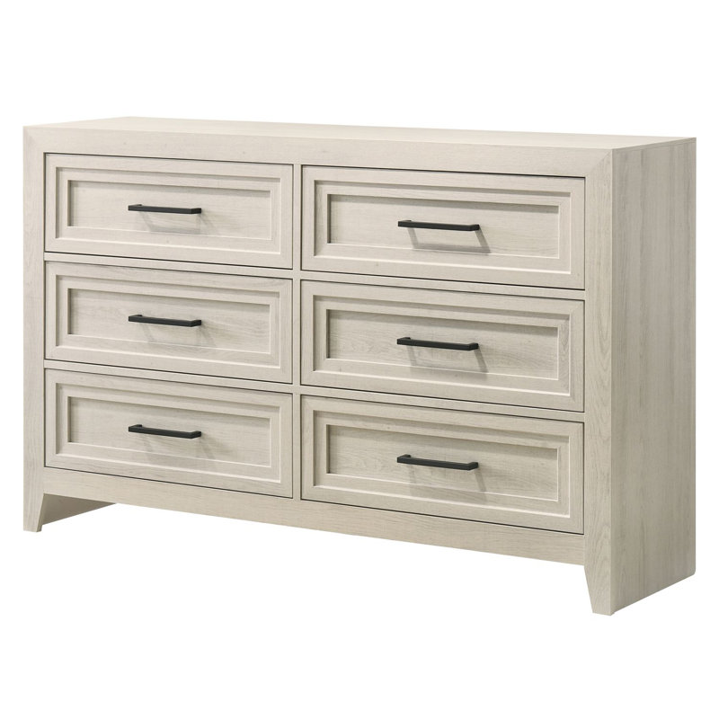 Contemporary Six Drawer Dresser with Geometric Design, Off-White Finish for Modern and Stylish Storage Solutions