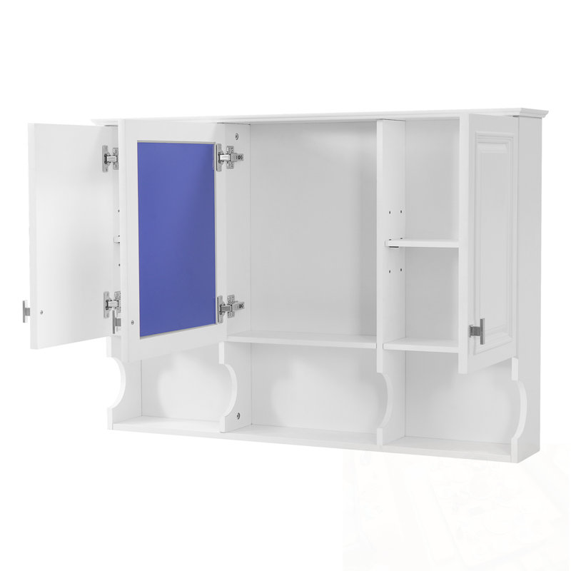 Armoire à pharmacie à miroir avec tablettes ouvertes et poignées en métal, Blanc