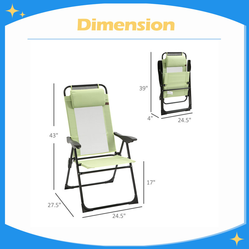 Folding Recliner Set of 2 Adjustable Backrest Outdoor Patio Lounge Chair, Green