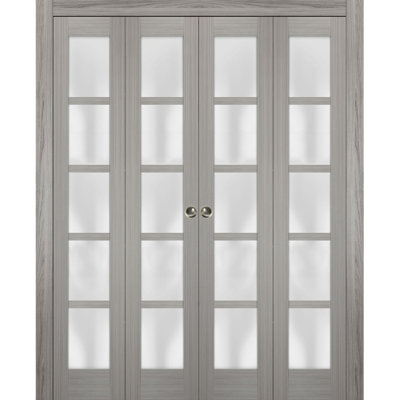 Sliding Closet Double Bi-fold Doors 72" x 80" (4* 18x80) Quadro 4002 Ginger Ash with Frosted Glass Sturdy Tracks Moldings Trims Hardware Set Wood Solid Bedroom Wardrobe Doors