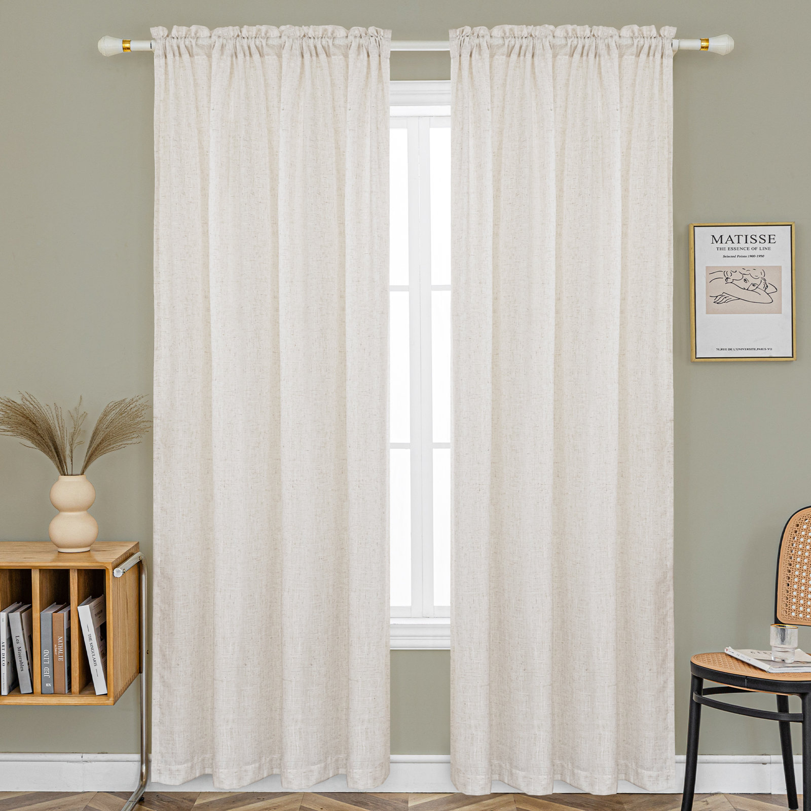 Linen Blend Semi-Sheer Curtain Panel Set, 52" W x 96" L, Natural